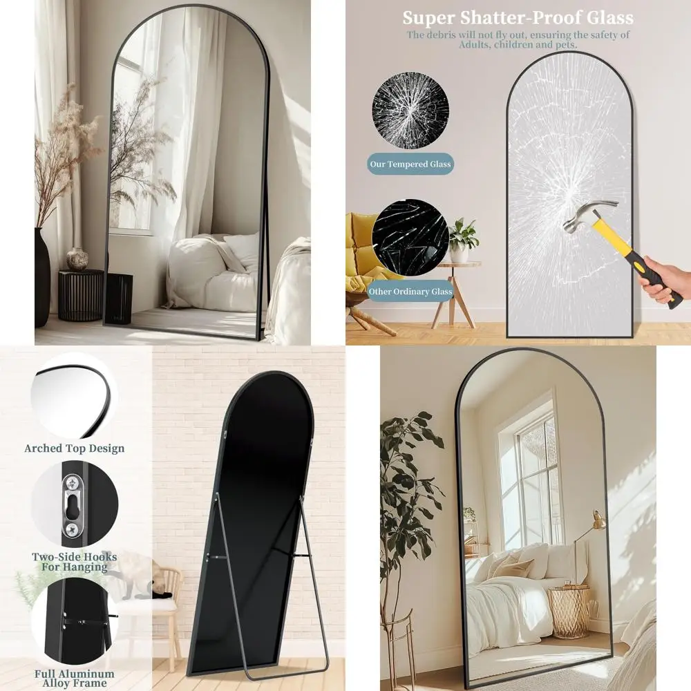 Large Floor Standing Arched Full Body Mirror with Aluminum Frame, 71x28 Inches, Freestanding Full Length Mirror for Home