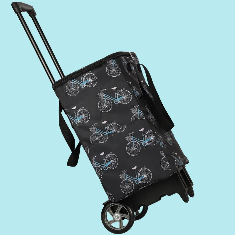 Portable Folding Trolley Cart Grocery Shopping Cart with Wheels Double Insulated Storage Bag Waterproof Small Trolley