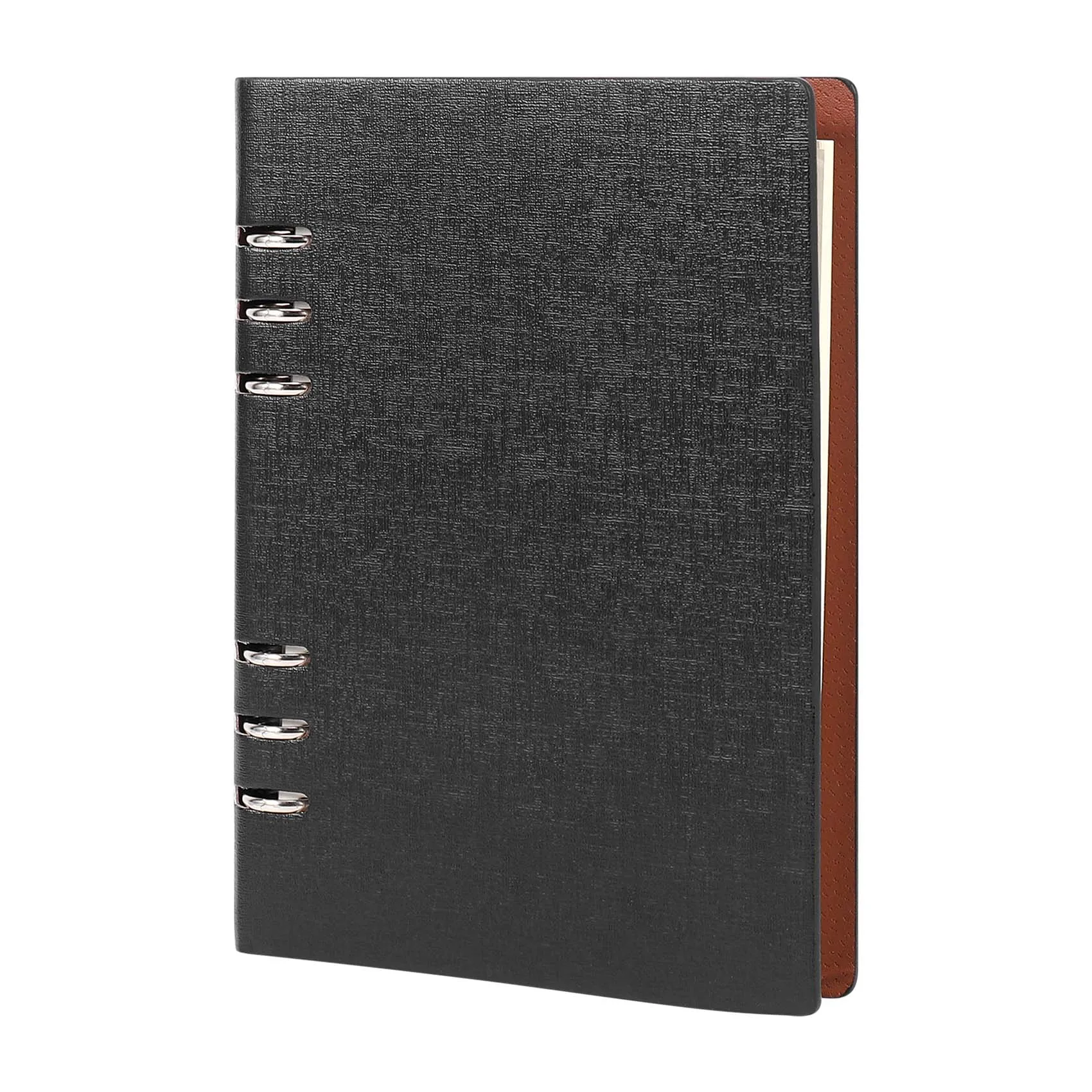 A5 Notebook 6 Holes PU Leather Cover Notebook Loose Pocket Leather Refillable Notebook Binder Rings Journal (Black)