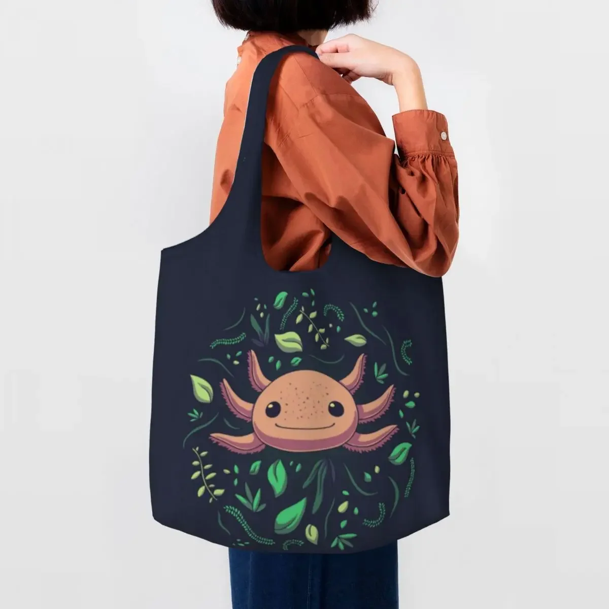 

Reusable Cut Axolotl Shopping Bag Women Shoulder Canvas Tote Bag Washable Salamander Animal Grocery Shopper BagsBags Handbags