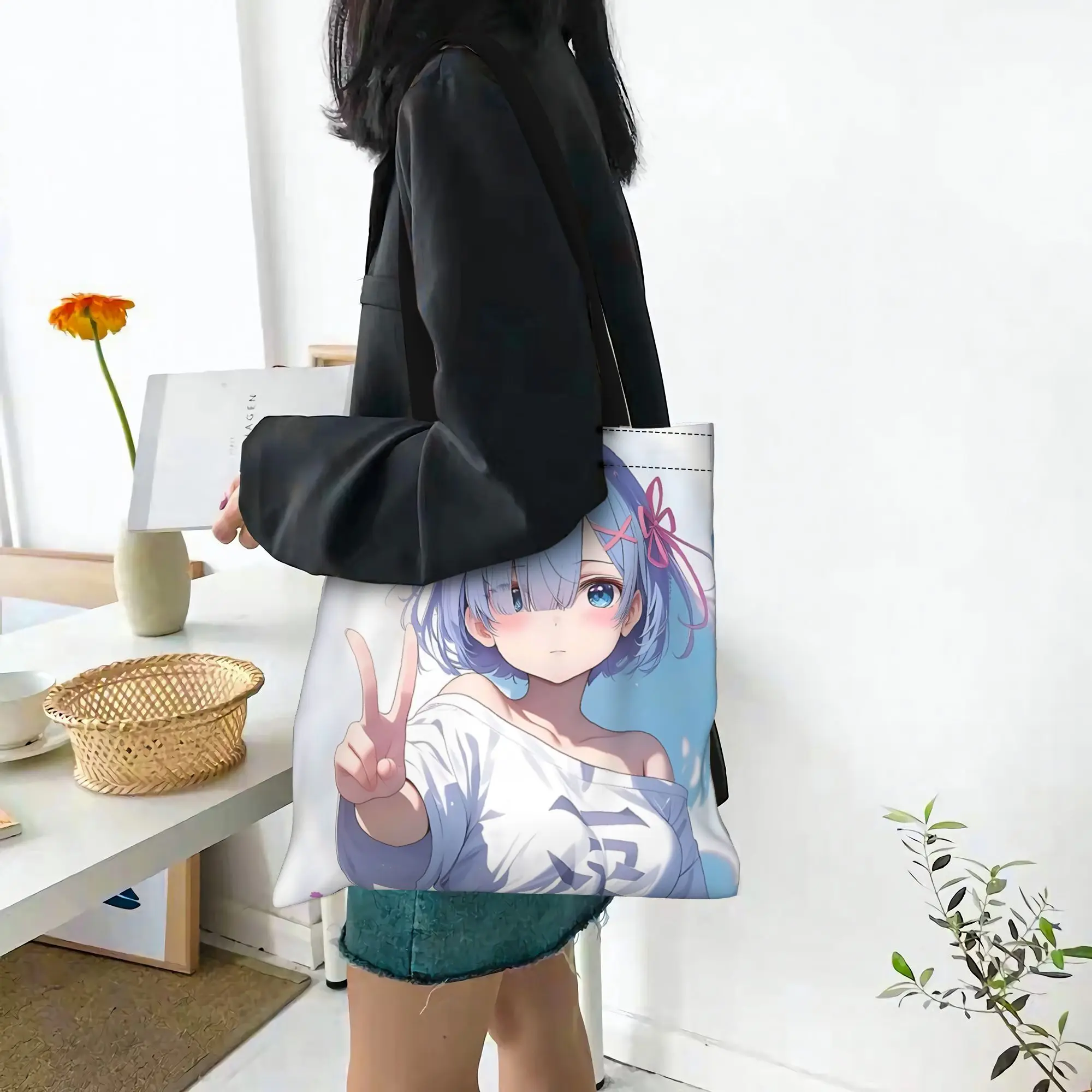 Customized Cute Re ZERO Anime Rem Women's Bag Shopping Bag Reusable Double Sided Canvas Tote Bag Shoulder  Handbag Its bags
