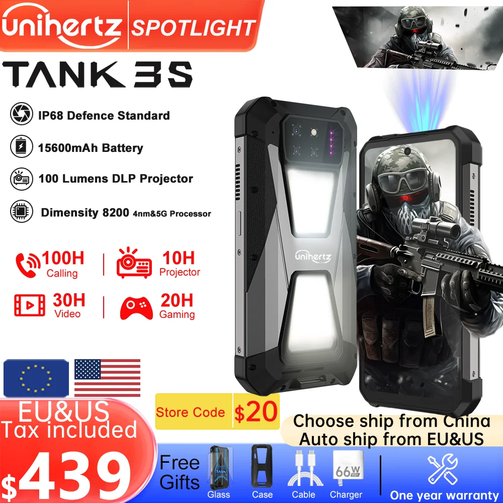 Unihertz tank 3s 8849 powered smartphone with projector 24GB 256GB Dimension 8200 cellphone 15600mAh 66W charger 64MP 5G phone