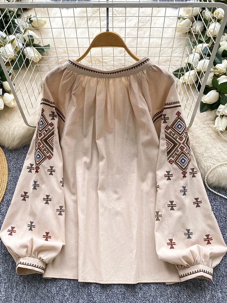 المرأة الخريف بلوزة فضفاضة الفنية الرجعية الصناعة الثقيلة التطريز القوس س الرقبة فانوس كم قميص بلوزة غير رسمية متعددة الاستخدامات BL270 #2