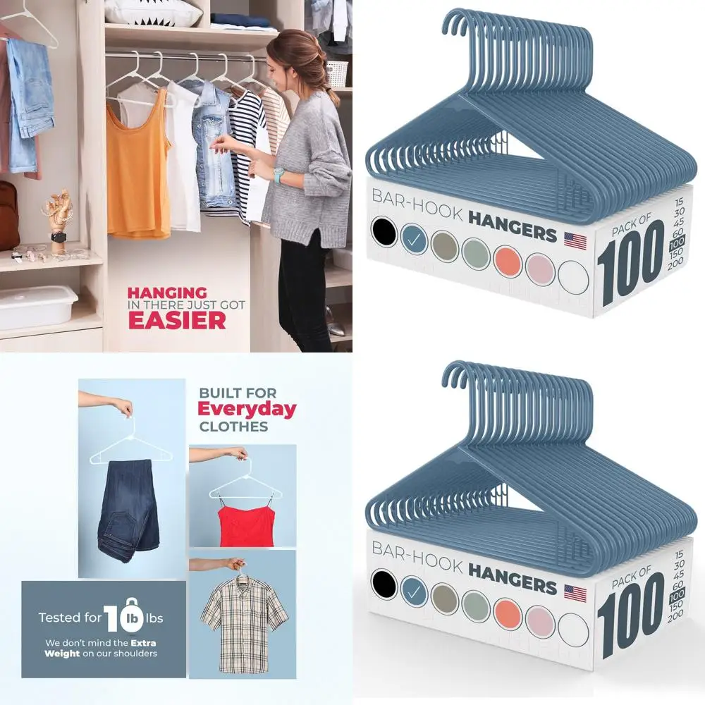 

Набор из 100 пластиковых вешалок американского производства, вместимостью 6 фунтов, с крючками для платьев, нижнего белья, рубашек и брюк - синие