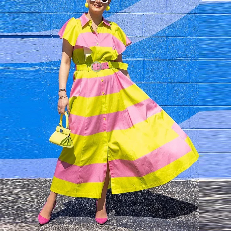 เดรสลายทางสีชมพูเหลืองสำหรับผู้หญิง แขนระบาย มีเข็มขัด ดีไซน์หรูหรา สไตล์ลำลอง เหมาะสำหรับงานปาร์ตี้ฤดูร้อน งานกลางคืน ชุดเดรสยาว