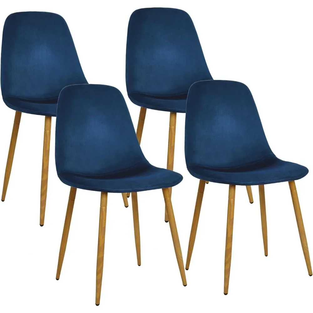 Dining Kitchen Velvet Cushion Seat, Upholstered Back and Metal Legs, Modern Mid Century Living Room Side Chairs, Set of 4, Blue