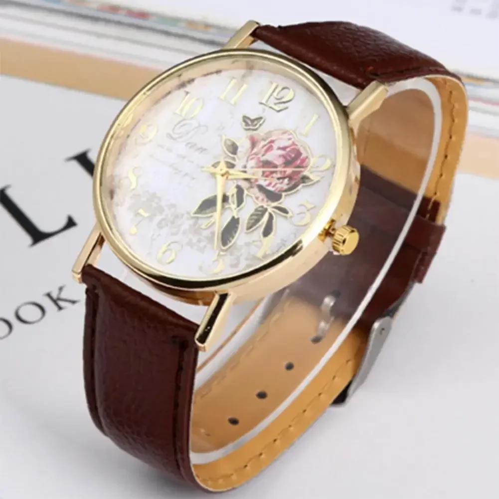 Rose Flower Round Dia Watch Women Elegant Watches Faux Leather Band Arabic Number Quartz Wristwatch Montre Femme Christmas Gift