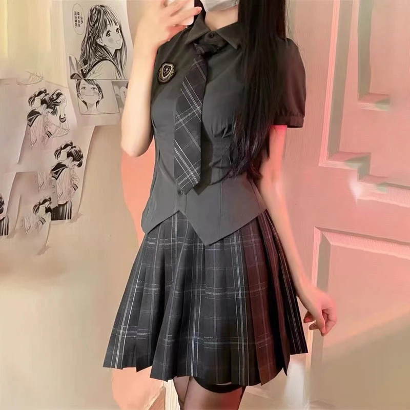 Women Sexy Shirt Short Sleeve Slim Basic Grey Tunics Vintage Cute Korean Style Blouse School Shirt Girls Casual JK Uniform Tops