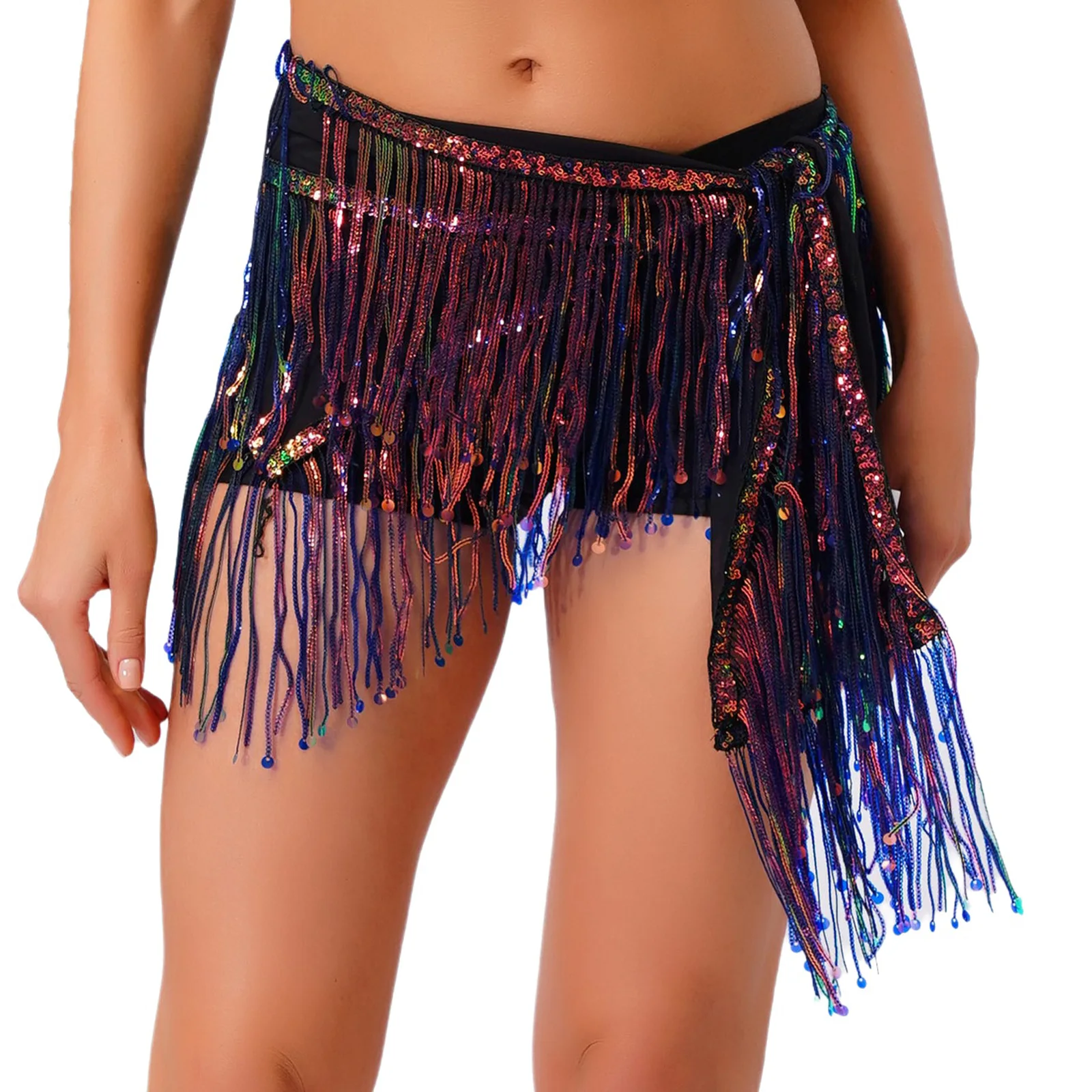 Womens Volksdans Latin Dans Kostuums Glittery Pailletten Buikdans Hippe Sjaal Glanzende Kwastje Fringe Lace-up Taille Keten rok
