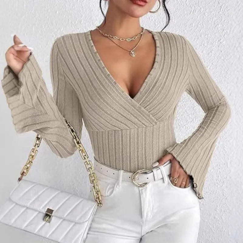 

Elegant Woman Solid Color V-neck Ribbed Knit T-Shirt Fashion Long Flare Sleeve Loose T Shirt Temperament Holiday Weekend Top