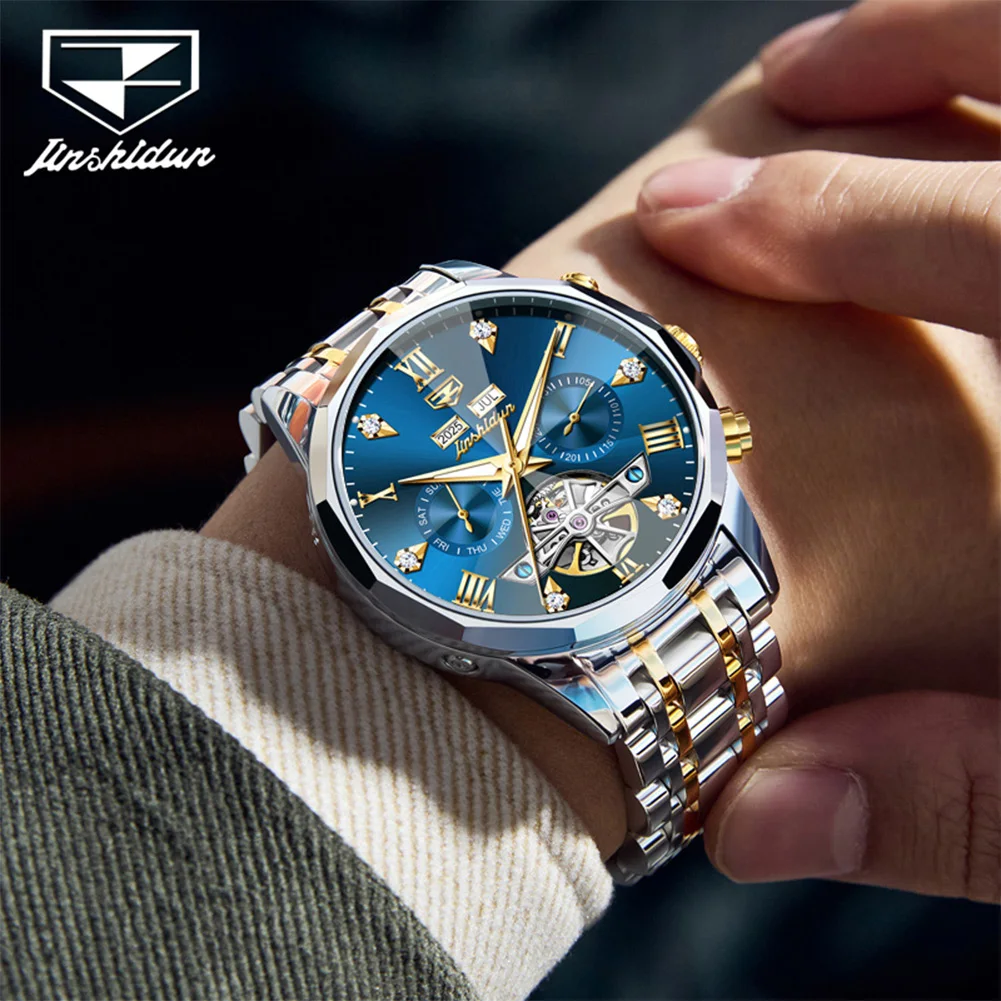 JSDUN New 8989 Men Watch Original Automatic Mechanical Watch Luxury Waterproof Luminous Diamond Hollow Calendar Week Men Watch