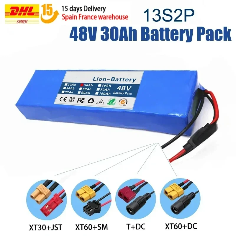 48V 30Ah 18650 Lithium Battery Pack 13S2P 1000W High Power Battery 54.6V 30000mAh   BMS + Fuse