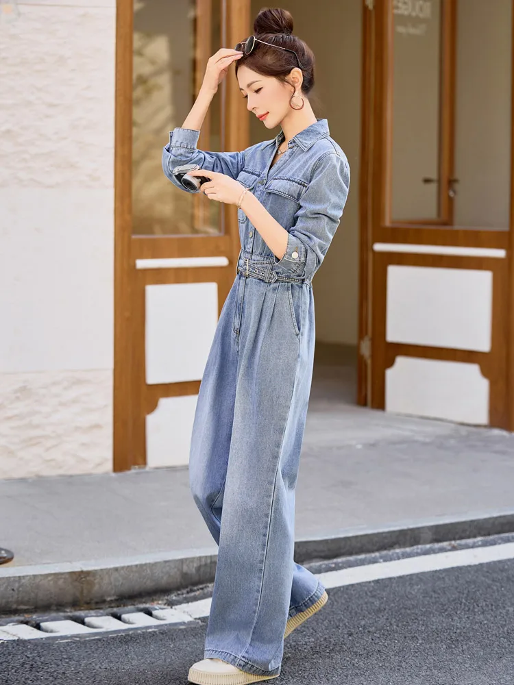 

High Waist Denim Overalls Women's Commute Sle Straight Leg Pants Workwear Inspired Waist Cinching Retro Slimming