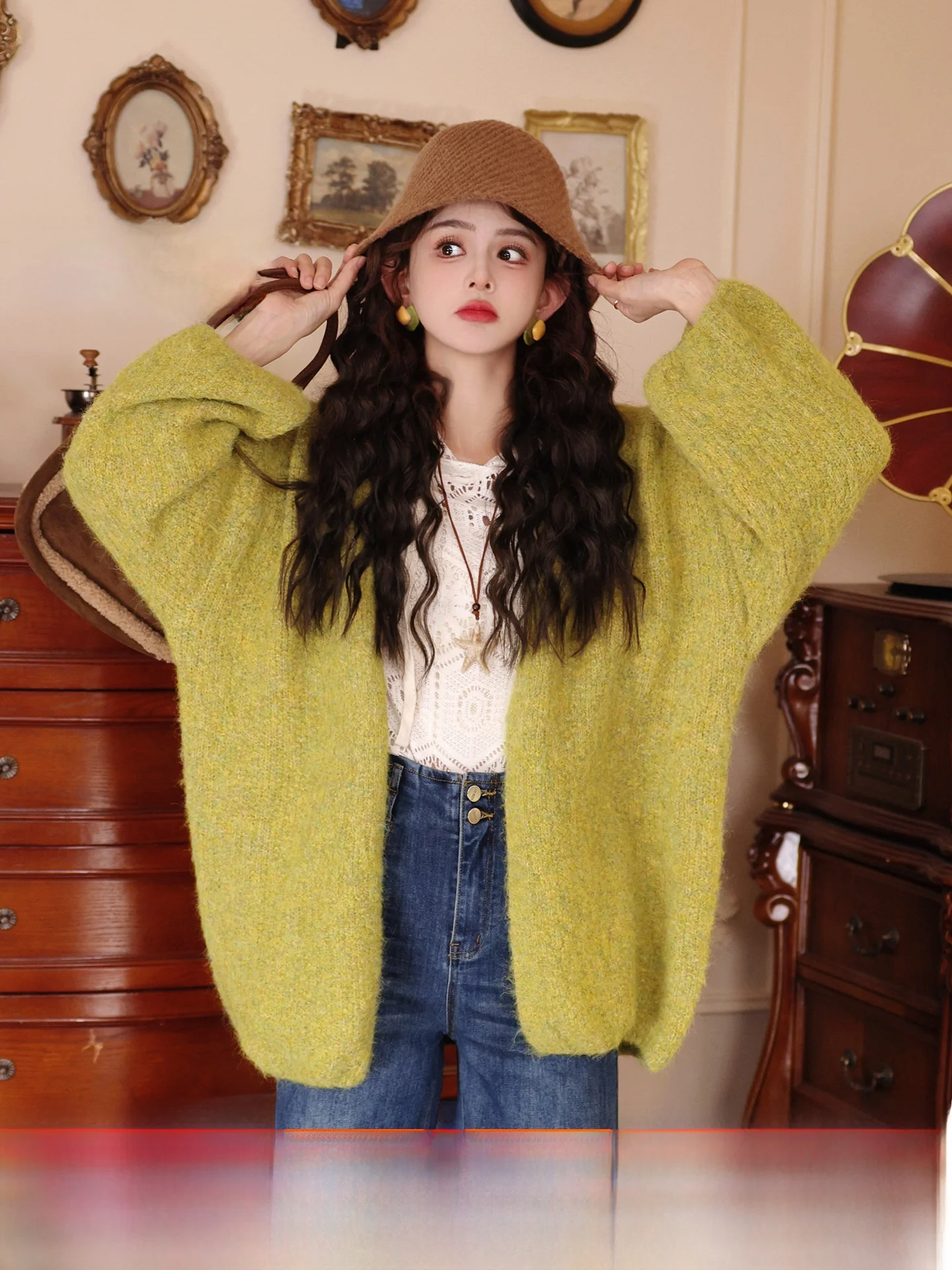 

Chen Jiajie Spring Bud Vintage Knitted Open Cardigan Women's Casual Lazy Sle Loose Versatile Casual Sweater Jaet