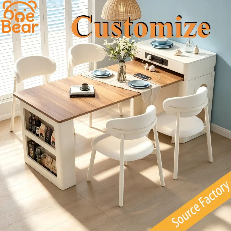 Multifunctional Extendable Solid Wood Dining Table, Cream Style Multi Storage Design, Simple Table for Small Family Dining Room