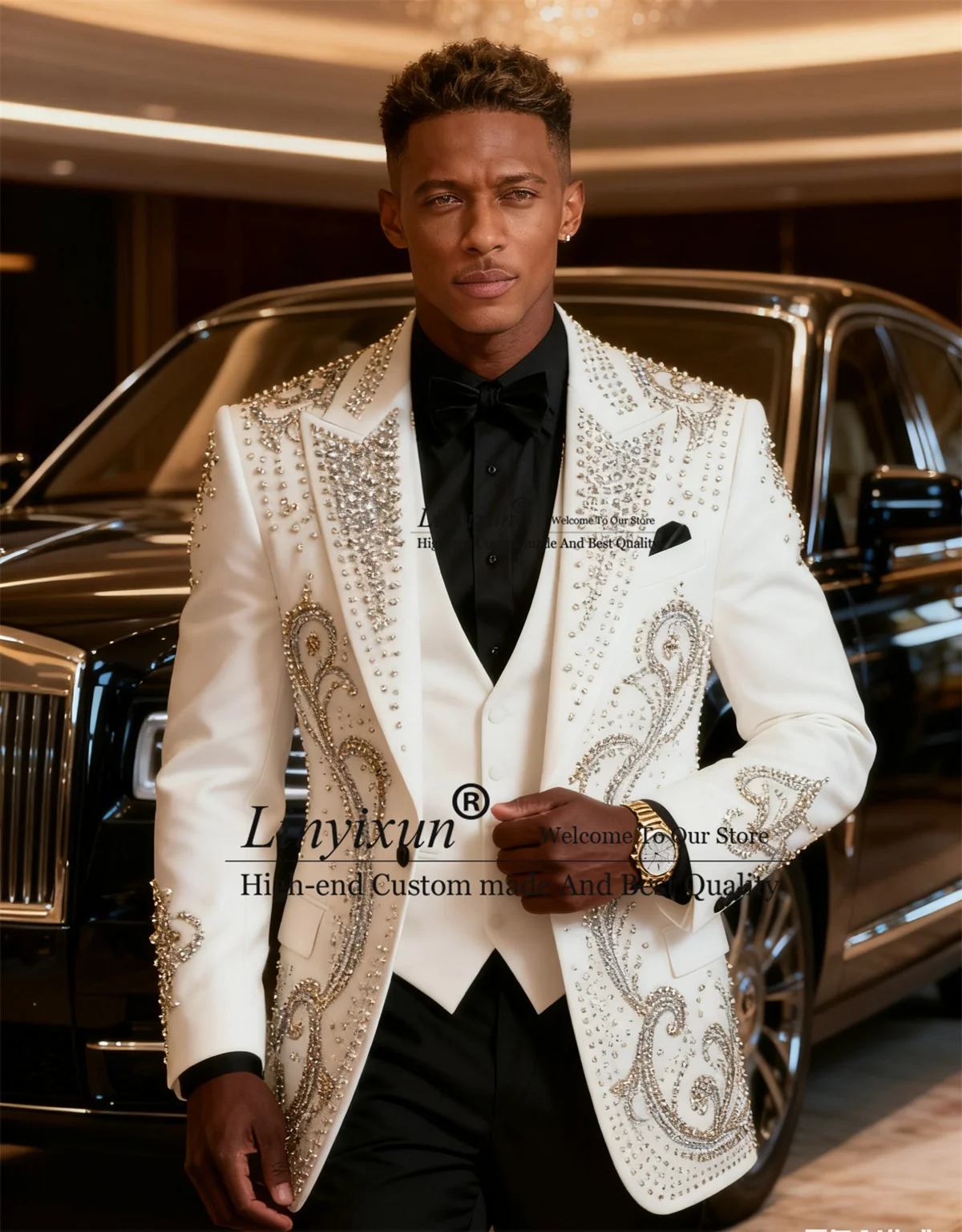 

Formal Peaked Lapel Men Suits 3 Pieces Sets Groom Tuxedos Sparkly Diamond Wedding Party Ropa Blazer Costume Homme Customized