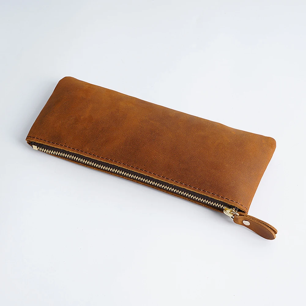 Vintage Genuine Leather Zippered Pencil Case Cowhide Stationery Organizer Pen Holder Writing Utensil Pouch Travel Accessory Bag