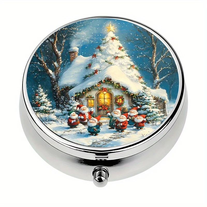 Single-piece, flat, round three-compartment box, designed with a winter wonderland scene circular pattern, used for storing capsules, creating a festive atmosphere, and serving as a decorative metal storage box for medication and vitamins