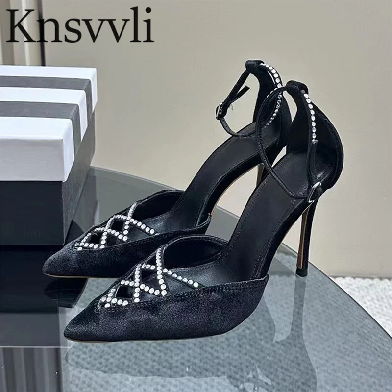 

Sexy High Heels Shoes Woman Hollow Out Crystal Party Dress Shoes Pointed Toe Genuine Leather Summer Pumps Sandals Women