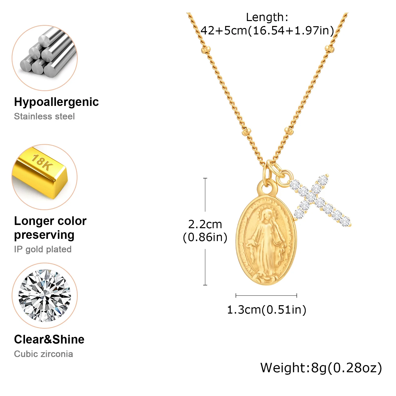 Zirkon-Kreuz-Halskette mit Jungfrau Maria-Anhänger für Frauen, vergoldete Perlenkette aus Edelstahl, religiöser Gebetsschmuck – Detail 9