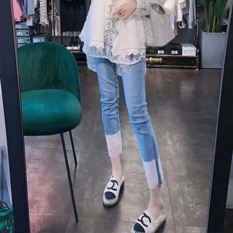 

Кружевные джинсовые джинсы с высокой талией в стиле пэчворк, женские прямые джинсы на молнии для похудения, модные весенне-летние новые корейские джинсы размера плюс