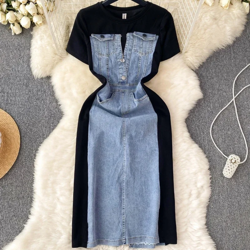 

Summer Contrast Stitching Denim Dress Women's Fake 2 Piece Set T-shirt Skirt Young Ladies Fashion Must-Have Party Denim Clothing