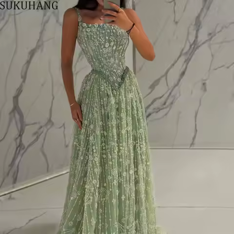 SUKUHANG Elegant Sage Green Luxury Arabic Evening Dress for Women Spaghetti Straps Wedding Party Gowns Customized