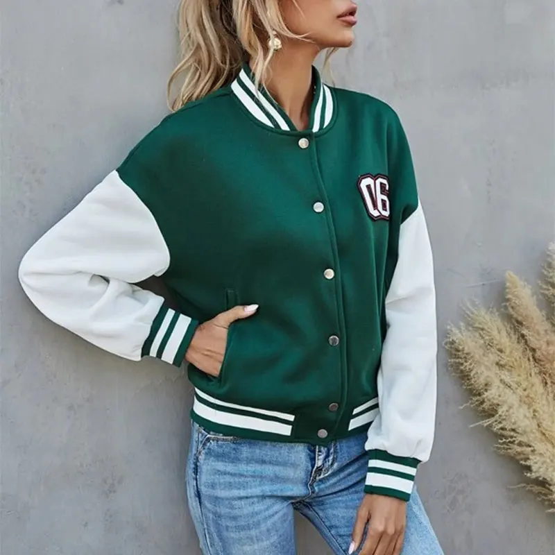 New Girls Long Sleeve Jacket, Autumn Ladies Leisure Style Color Matching Stand Collar Baseball Uniform Tops Single-Breasted Coat