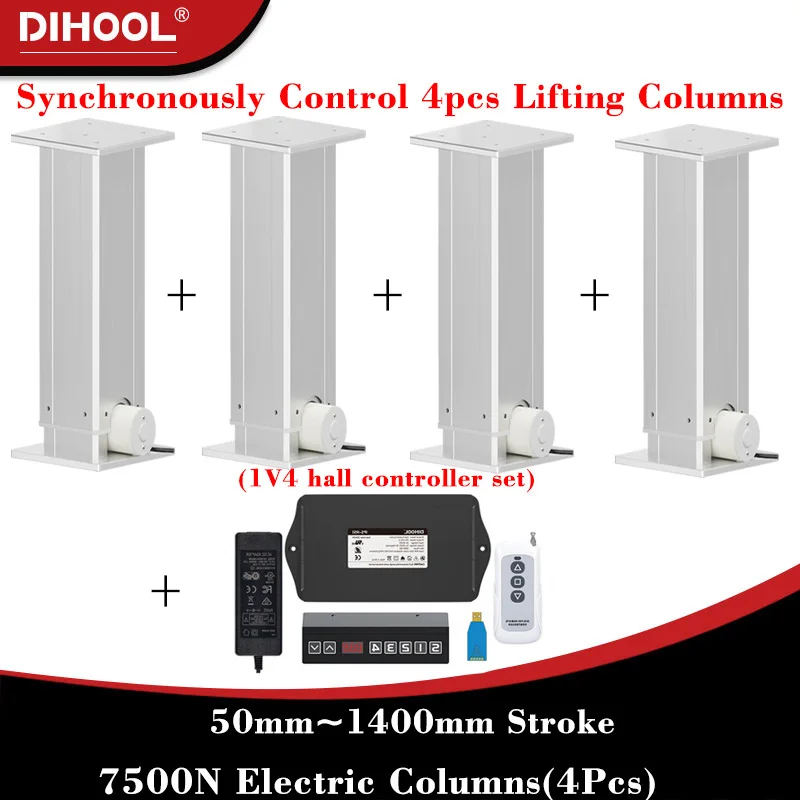 8000N 4Pieces Electric Lifting Columns with Synchronous Control Hall controller Set(1V4) 50MM~1400MM Stroke 800kg Load 25MM/S