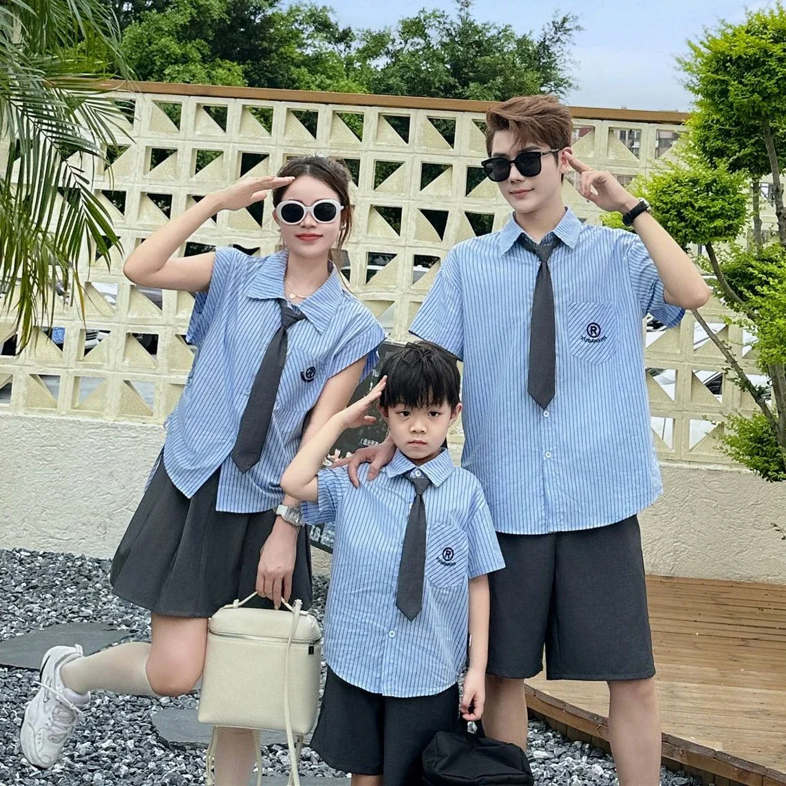 Family Matching Summer Outfits Mother and Daughter Girl Blouse Skirts 2 Pieces Set Father and Son Boy Shirt Short Two Piece Suit