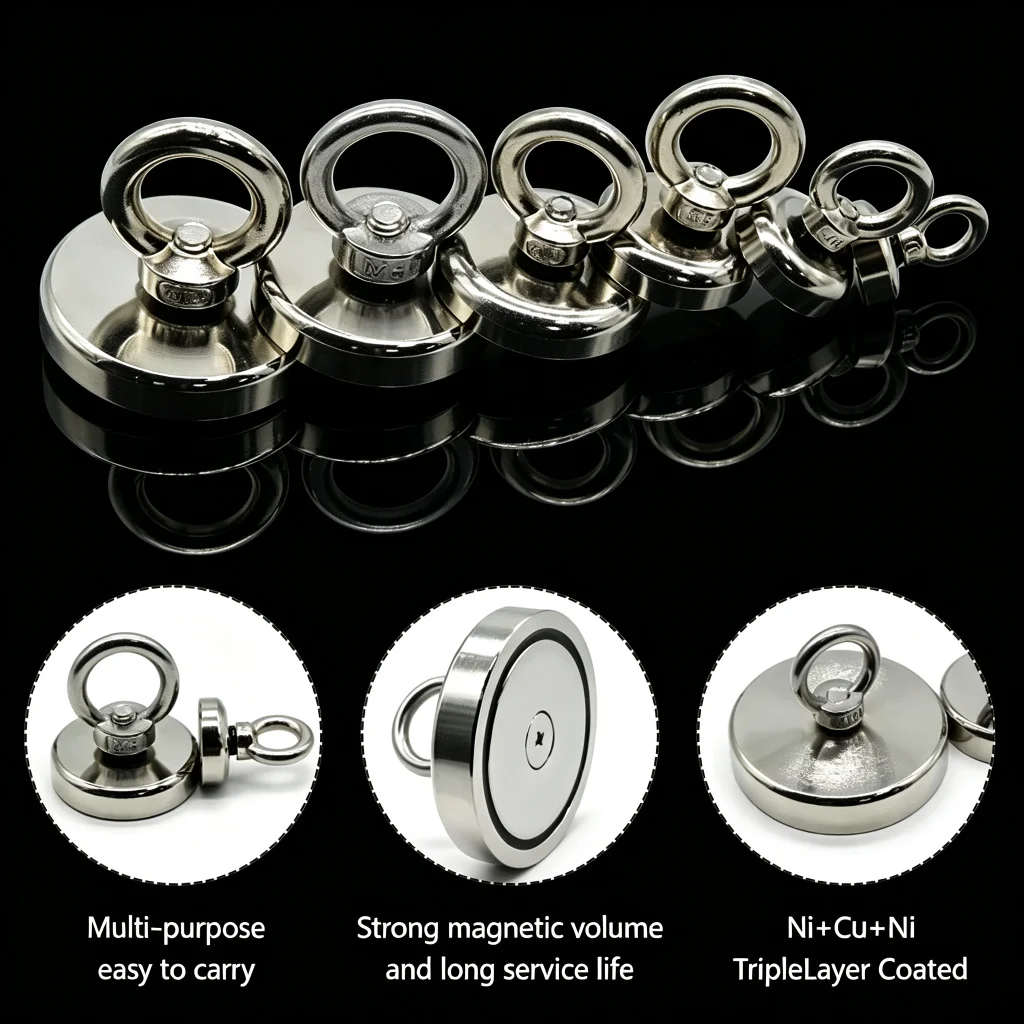 Super Strong Neodymium Fishing Magnet Hook N52 Heavy Duty Rare Earth Salvage Magnet with Countersunk Hole Eyebolt 20-48mm
