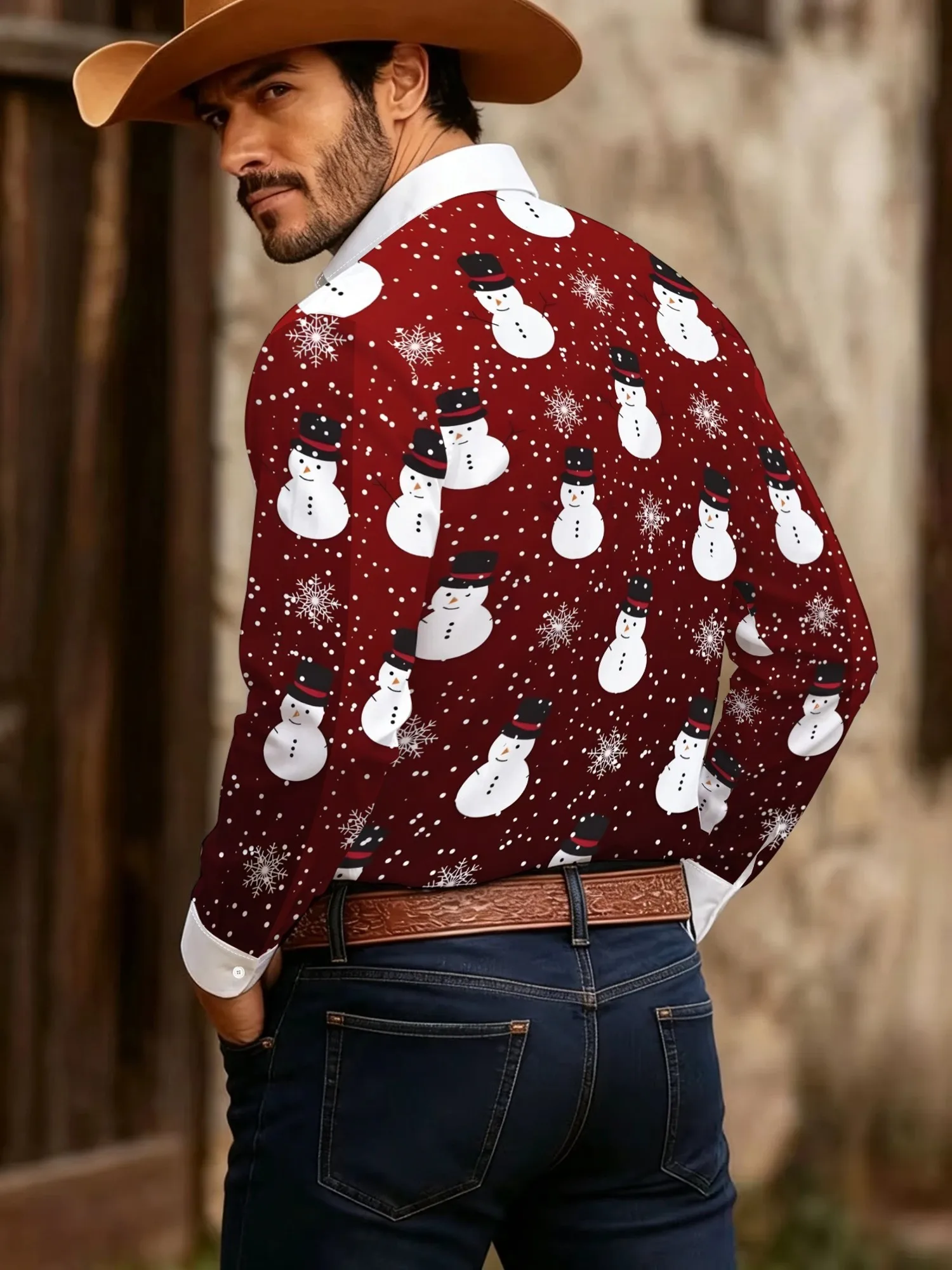Men Long Sleeve Shirt Wine Red Snowman Snowflake Print Casual Button Down