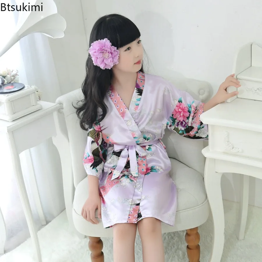New 2026 Children's Silk Floral Wedding Robes Kimono Flower Girl Dress Children Bathrobe Sleepwear Baby Clothes Dressing Gown
