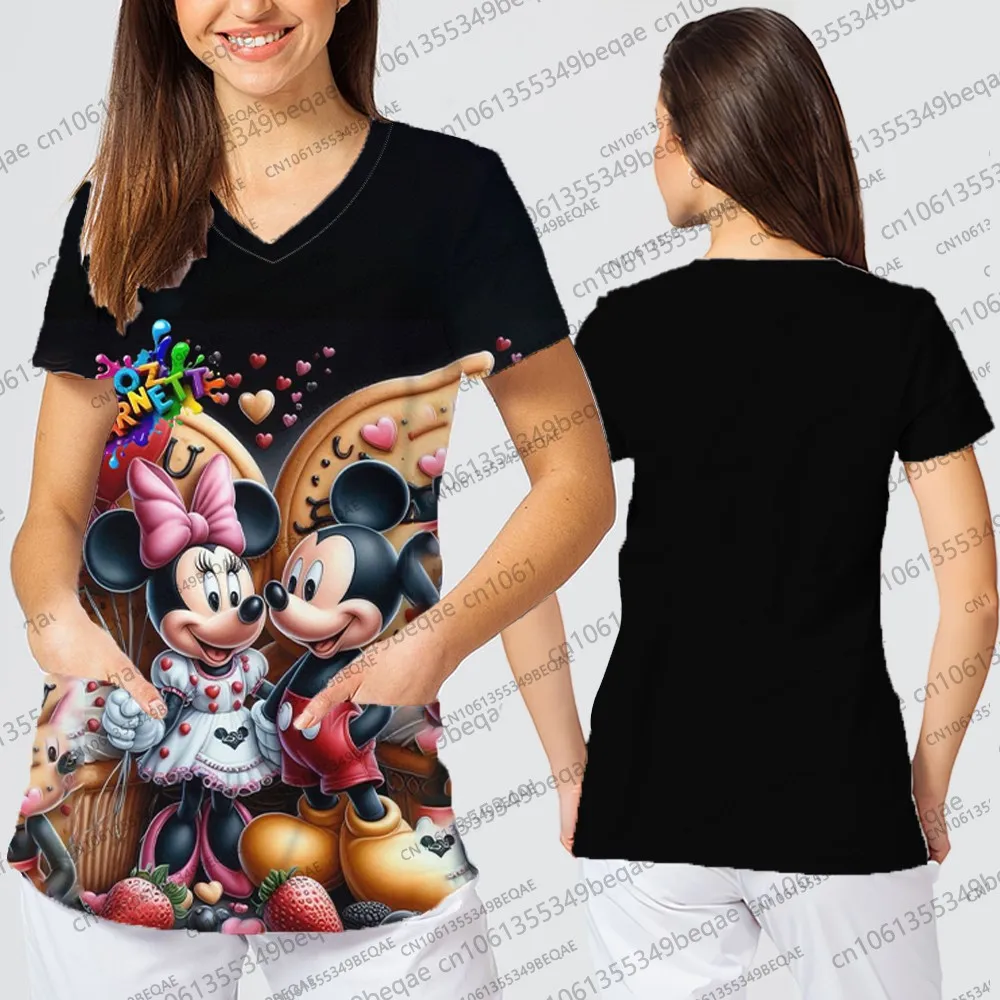 Y2k نمط تي شيرتات قصيرة الاكمام المرأة الكرتون الجرافيك القمم خمر مستوحاة بلايز عادية للسيدات الخامس الرقبة فضفاض ممرضة موحدة