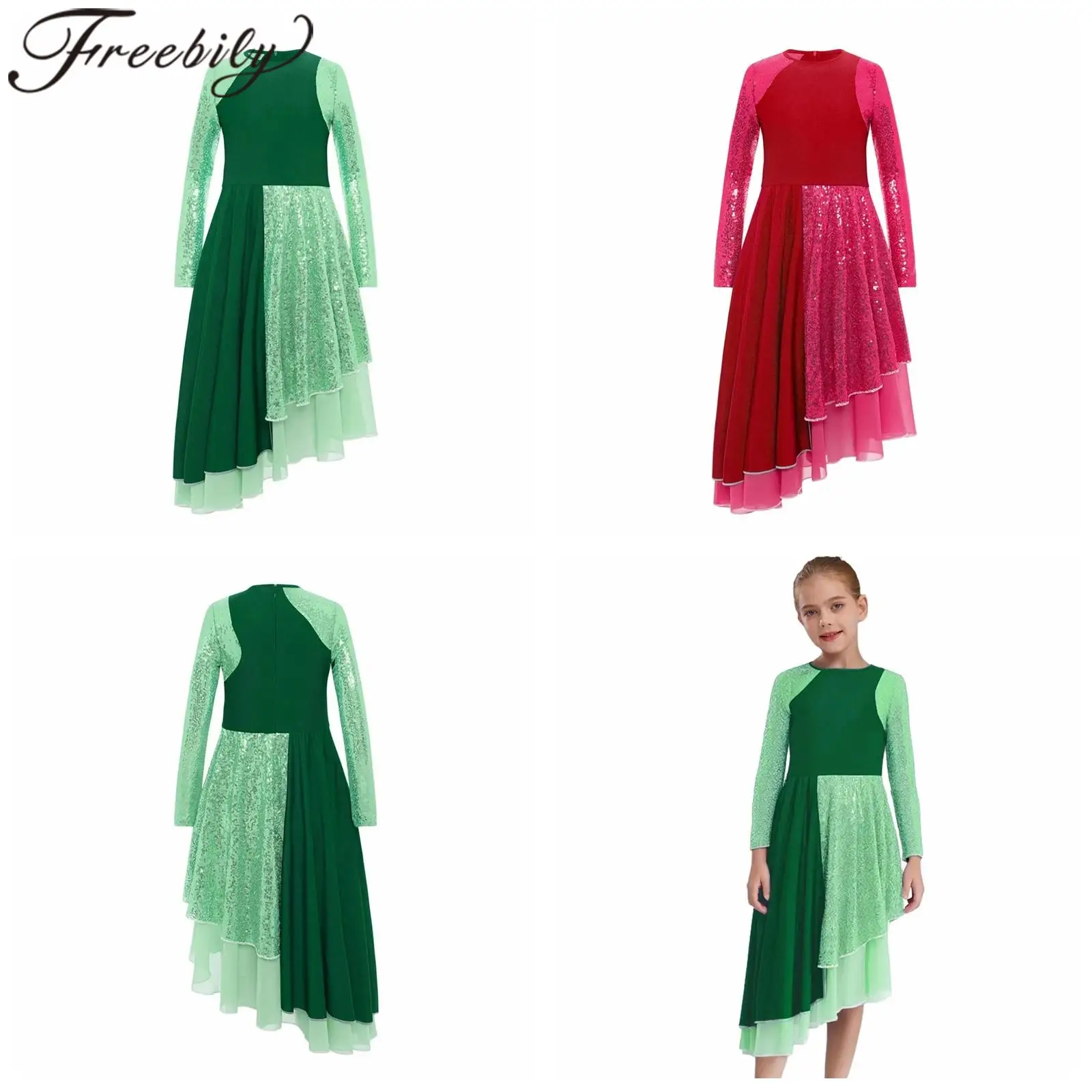 

Girls Praise Dress Asymmetrical Sequins Long Sleeve Lyrical Dance Costume Worship Church Robe Tunic Choir Liturgical Dancewear
