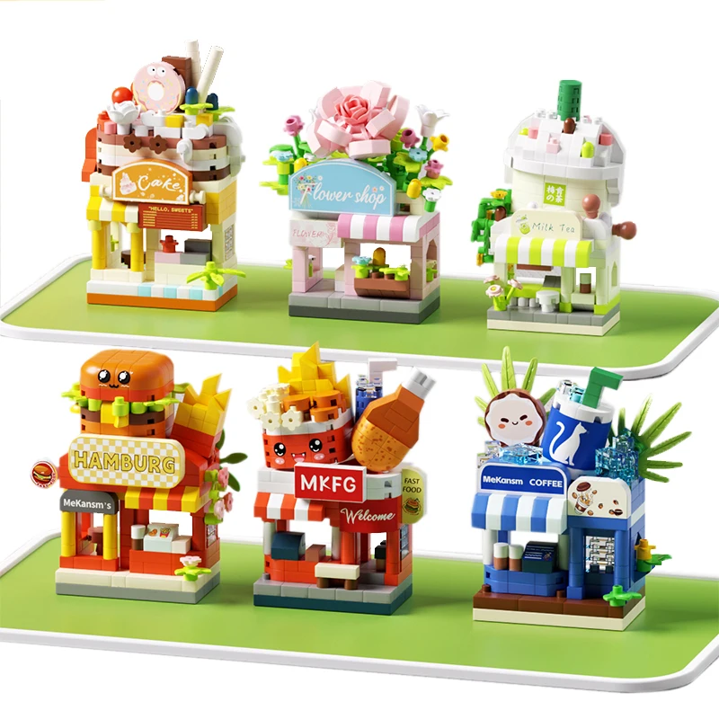 Ristorante Dessert Caffè Frutta Negozio di fiori Snack Street View Torta Cibo Casa Building Blocks Kit Ragazze Mattoni Modello Giocattoli per bambini
