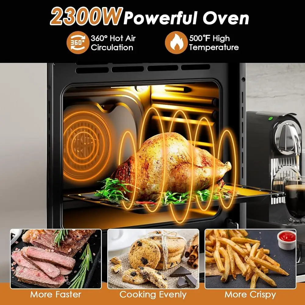 Horno de pared eléctrico de 24 pulgadas, horno de convección de acero inoxidable integrado de 2300W, 5 modos de cocina, circulación de aire caliente de 360 grados