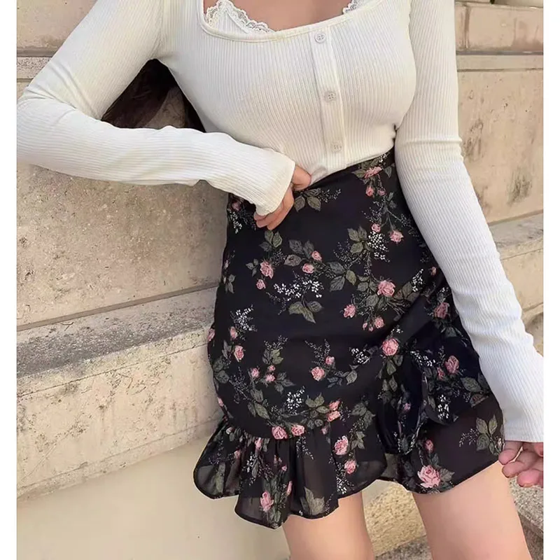 Französischer Vintage-Blumenrock mit Rüschen und Hoher Taille, Neuer Frühlings- und Sommer-Schlankheits-A-Linien-Fishtail-Minirock für Damen – Detail 2