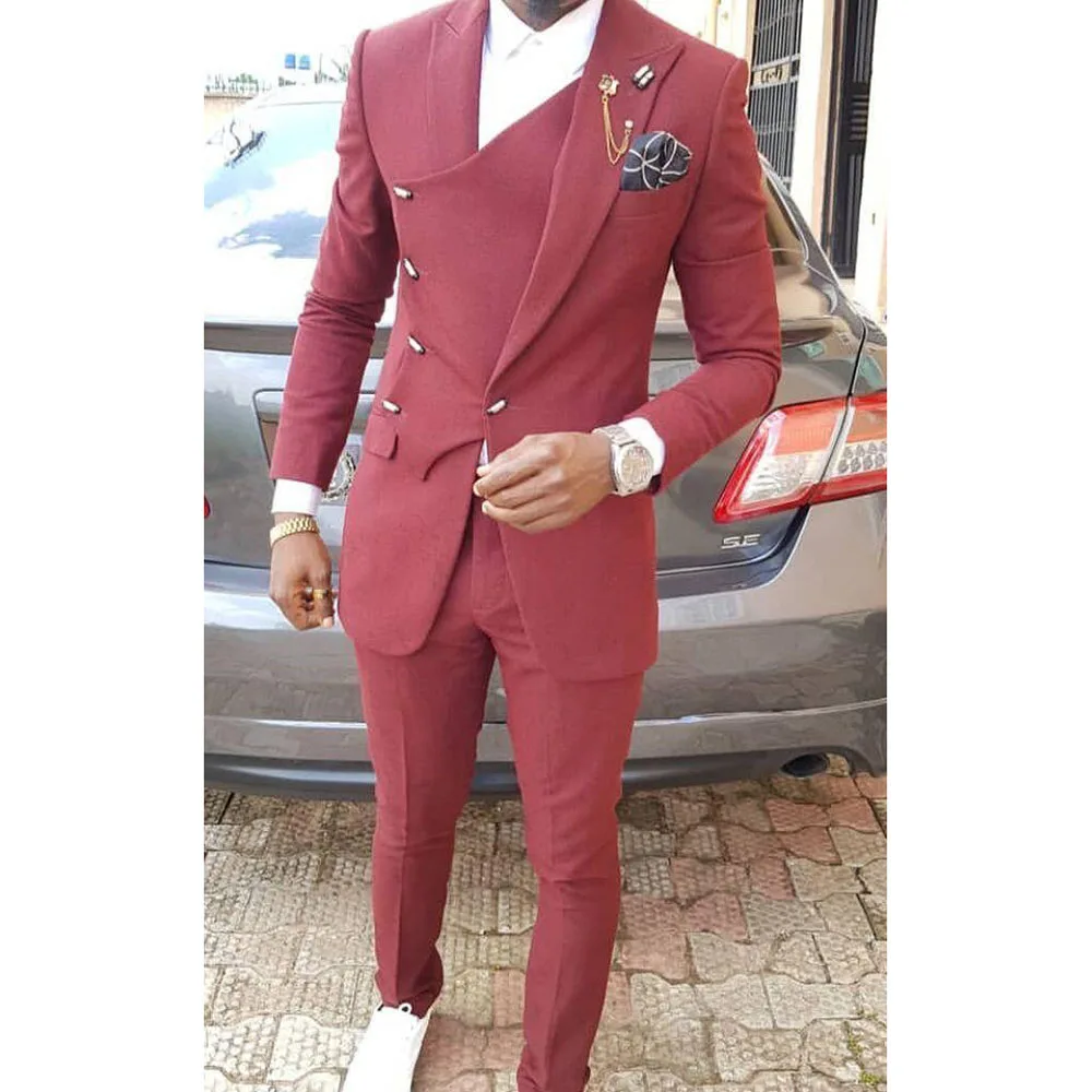 

Red Evening Men Suits Peak Lapel High Quality Double Breasted 2 Pieces Jacket Pants Business Special Occasion Male Clothing