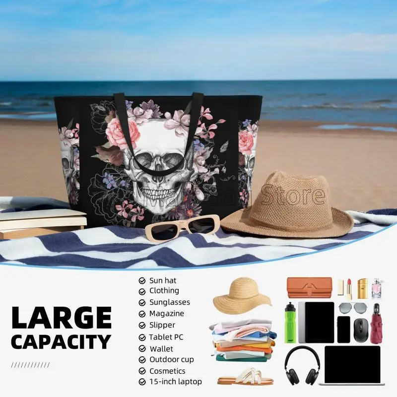 Grand sac de plage étanche pour femme, crâne de sucre, fleur d'Halloween, sac fourre-tout de piscine anti-sable, natation, salle de sport, voyage, vacances