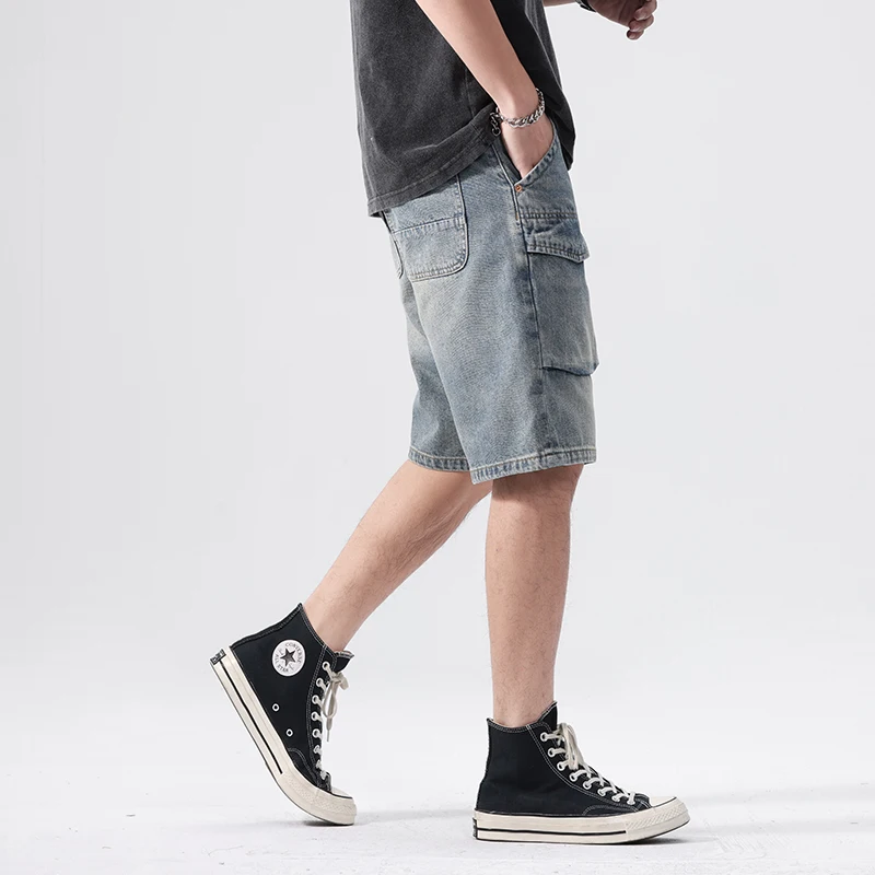 Celana Pendek Bermuda Lurus Longgar Gaya Jepang untuk Pria Pakaian Kerja Kasual Musim Semi/Musim Panas Jeans Denim Trendi Pakaian Jalanan Ukuran Besar 40 42