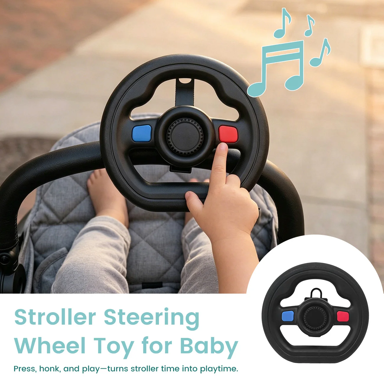 Baby Stroller Steering Wheel Toy, Musical Simulation Driving Toy with Horn Sound, Adjustable Mount 360° Rotatable Toddler Preten