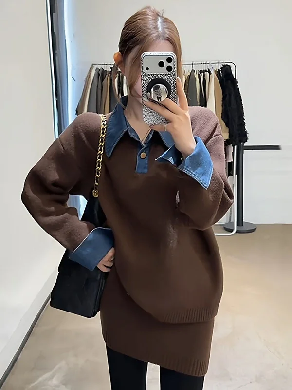 

Зимний модный комплект с эффектом похудения, джинсовый свитер с высокой талией и лоскутным воротником, свитер и юбка, женский ансамбль из двух предметов, корейский сле