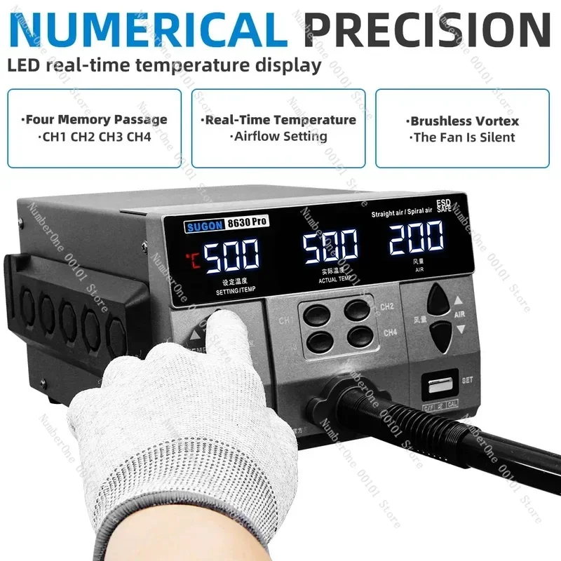 2024 SUGON 8630Pro 1300W Hot Air Gun Digital Display BGA Rework Curved Nozzle Welding Repair Desoldering Station