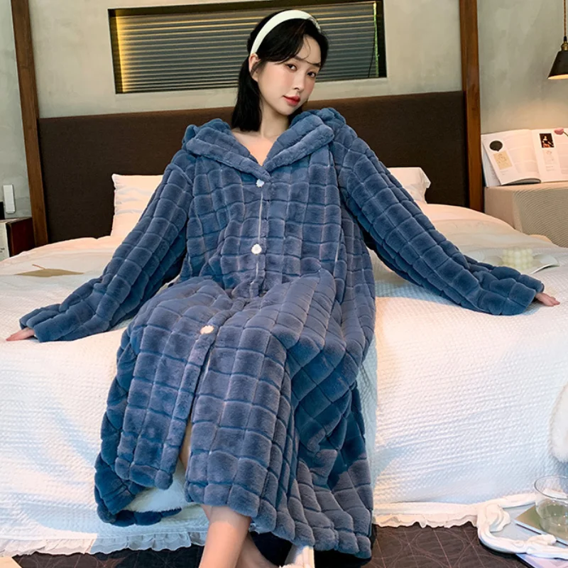 2022 Blue Flannel Winter Robes Double Layer Nightgown Women Warm Plaid Sleepdress Kimono Bath Gown Coral Fleece Thick Bathrobe