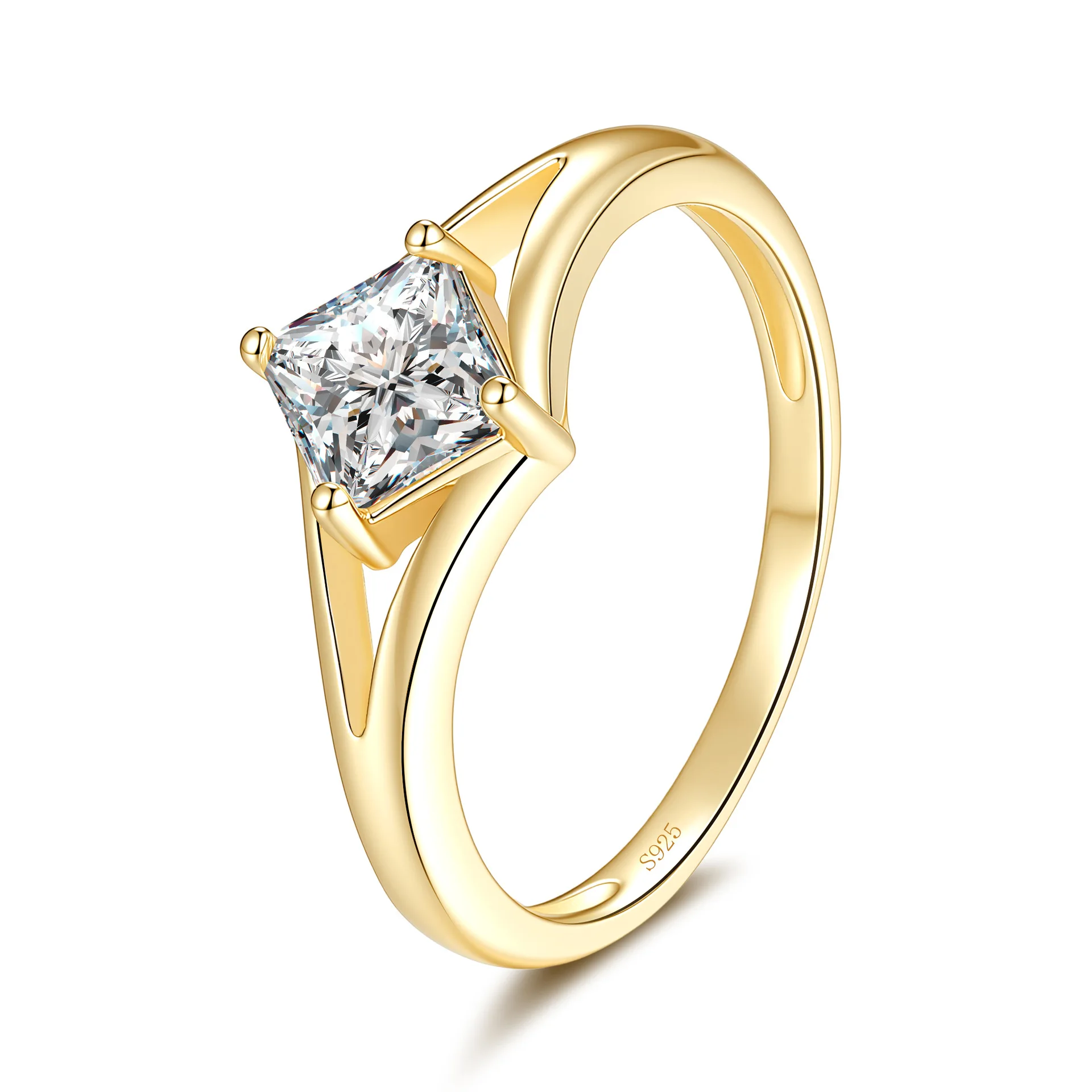 S925 Silver Princess Cut Moissanite Ring for Women, Gold & White Gold Plated, Fixed Size Fine Jewelry Gift