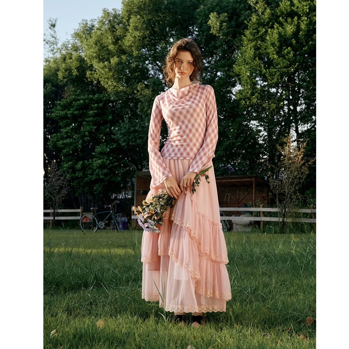 OLrain French Pink Ruffle Tiered Mesh Maxi Skirt Women Spring 2026 New  A-line Lace Trim Irregular Elegant Skirt O58CB003235
