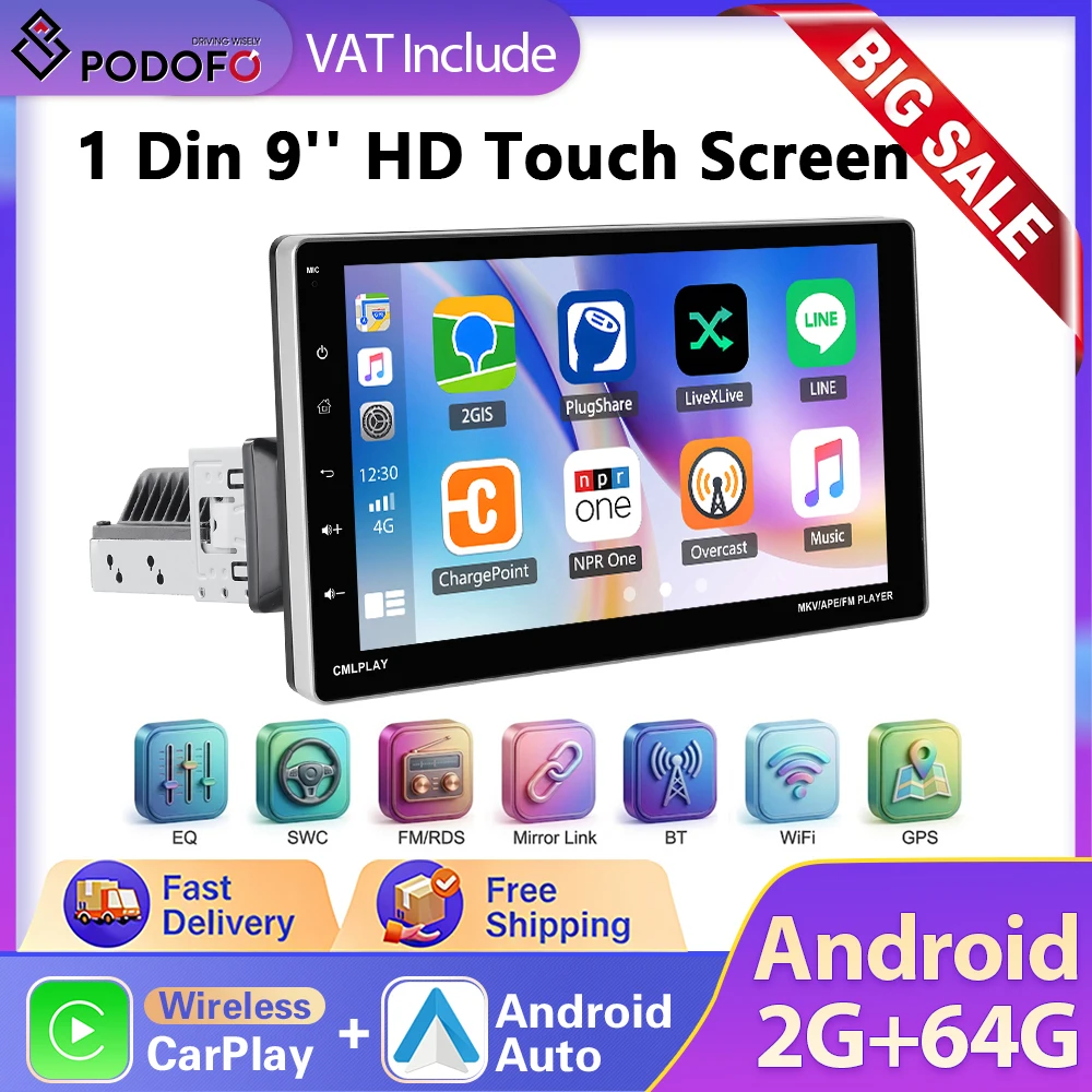 Radio Estéreo para Auto Podofo 1 Din, Pantalla Táctil Giratoria de 9'', Autoradio con Carplay, Android Auto, GPS, Wifi, BT, FM, Reproductor Multimedia para Auto