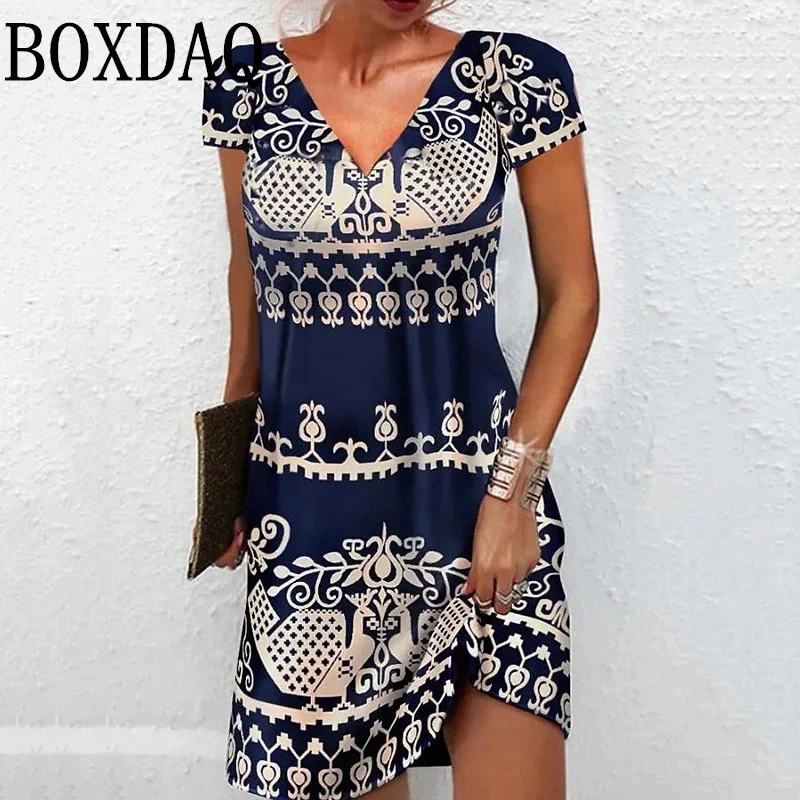 Vintage Ethnic Printing Dress For Women 2024 V-Neck Short Sleeve Loose Plus Size Dresses Fashion Casual Floral Dress Sundress