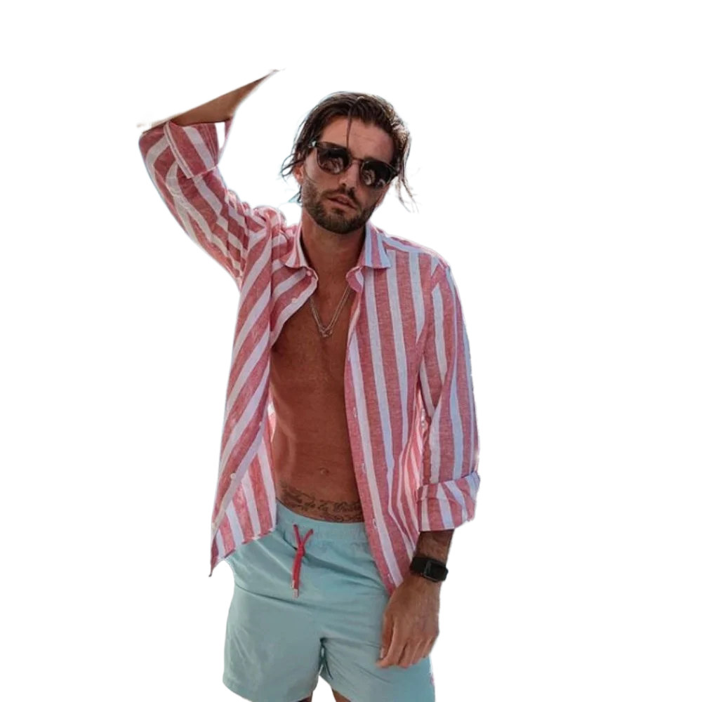 

New European and American Fashion Simple Top for Summer Men's Casual and Comfortable Lapel Striped Beach Long Sleeved Shirt